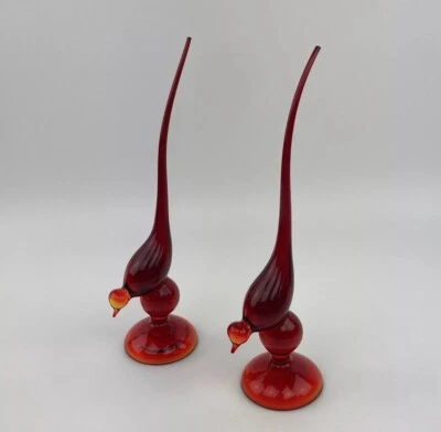 Vintage Mid Century Modern Viking Glass Red ~ Amberina Long Tailed Bird 10" Pair - Image 1 of 4