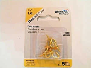 National Hardware Cup Hooks 5/8" 1,6cm V2021 N119-628 Solid Brass 5pcs - Picture 1 of 1
