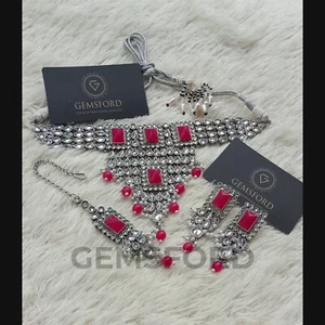 Neu Indisch Pakistanisch Bollywood Braut Zirkon Schmuck Halsband Ohrringe Tikka Set - Bild 1 von 9