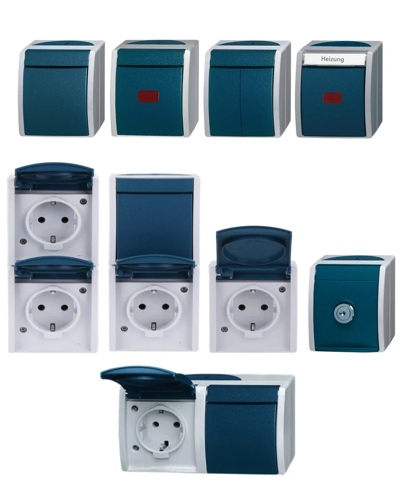 Busch Jaeger Ocean Feuchtraum IP44 Aufputz blaugrün Steckdose Schalter Taster - Bild 1 von 1