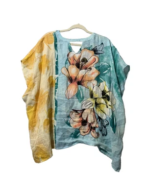 Chico's Shirt Womens XL Blue Yellow 100% Linen Floral Poncho Kaftan Tunic Boho - Image 1 of 4