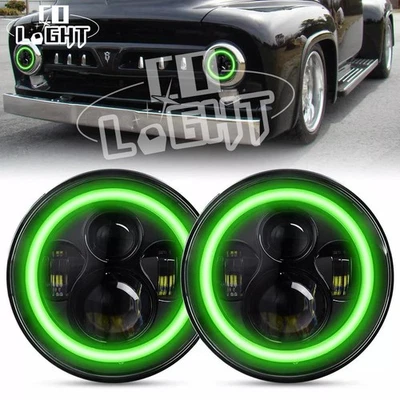 Пара 7-дюймовых светодиодных фар зеленые гало для пикапа Ford F-100 F-250 F-350 1953-1977 годов выпуска - Изображение 1 из 4