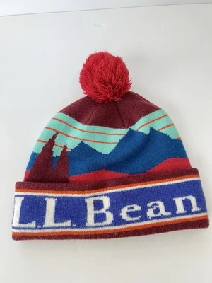 Шляпа-бини L.L.Bean Pom OSFA бордовая горная пейзажная ретро вязаная лыжная шапка - Изображение 1 из 4