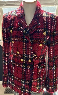 Zara NWOT  Textured Tweed Bloggers Favorite Blazer Jacket Small Red Plaid - Image 1 of 4