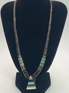 Heishi Necklace w/ Multi Stone Inlay Pendant - Picture 1 of 3