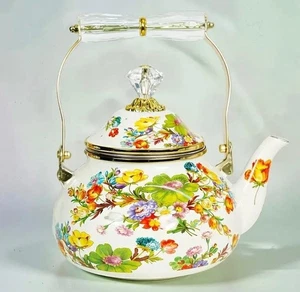 Enamel Kettle in the Style of MacKenzie Childs White Flower 2.5L Gypsy Romany - Picture 1 of 4