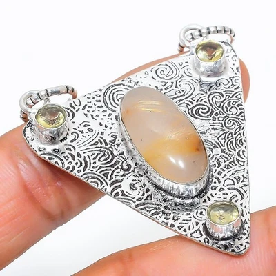 Pendente In Argento Sterling 925 Con Gemma Di Citrino E Rutile Dorato 2.29" - Immagine 1 di 4