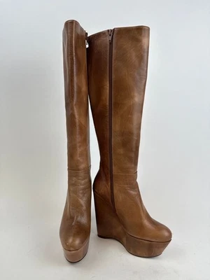 Botas hasta la rodilla Stuart Weitzman mate cuñas cuero marrón cremallera mujer talla 5 M EE. UU. Foto 1 de 4
