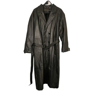 PHASE TWO Schwarz Leder Gefüttert Trenchcoat Staubmantel Gürtel Zweireiher Herren XL - Bild 1 von 14