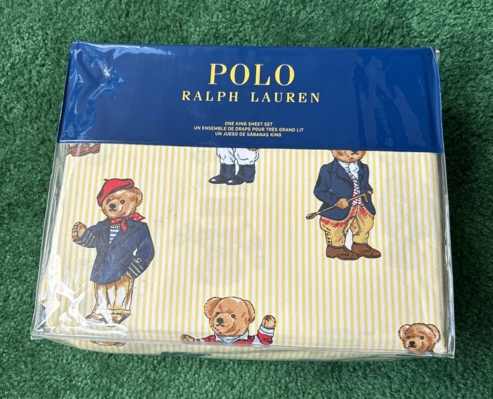 Polo RL Male Polo Bear King Sheet Set Yellow Oxford Stripe 4 Piece New Version - Image 1 of 4