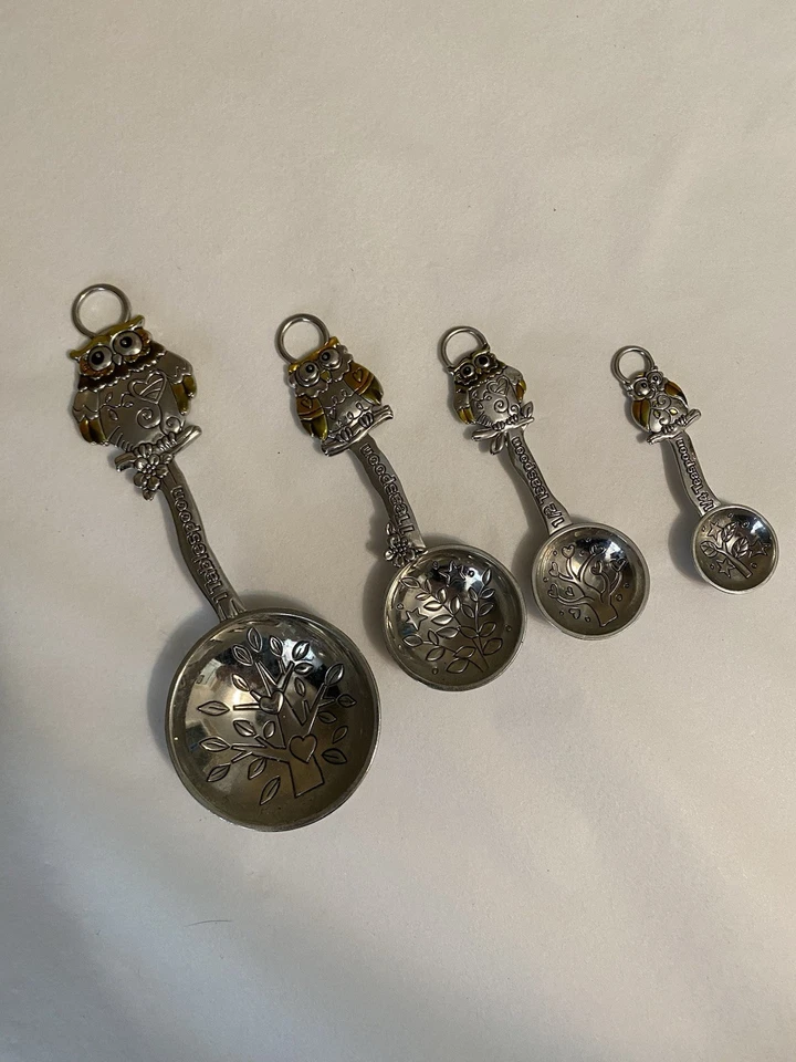 Owls Measuring Spoons Amber Silver Owls Branches Tree Hearts 4 Pc Set - Image 1 of 4