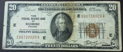 1929 $20 The Federal Reserve Bank Of Richmond Virginia E00738829A FR-1870-E - Image 1 of 4
