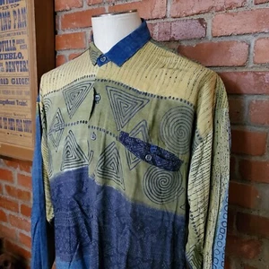 Vintage 90s Climate Long Sleeve Shirt Hand Printed Rayon Art to Wear Large Green - Picture 1 of 7