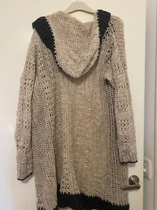 Handmade - hand crochet long line beige with black lining cardigan - Picture 1 of 2