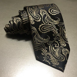 New Men's Formal Microfiber Self tie Neck tie Paisley Wedding Party Black Gold - Picture 1 of 1