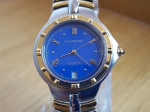 Mens Gold Silver Classic Regency Stye Krug-Baumen Regatta Blue Slim Date Watch - Picture 1 of 11