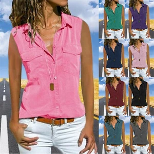 Women Summer Casual Bloe Turn Down Collar Sleeveless Shirt Button Pockets - Picture 1 of 18