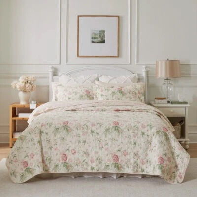 Laura Ashley Breezy Floral Printed Queen/King Coverlet Set-Pink/Green - Image 1 of 4