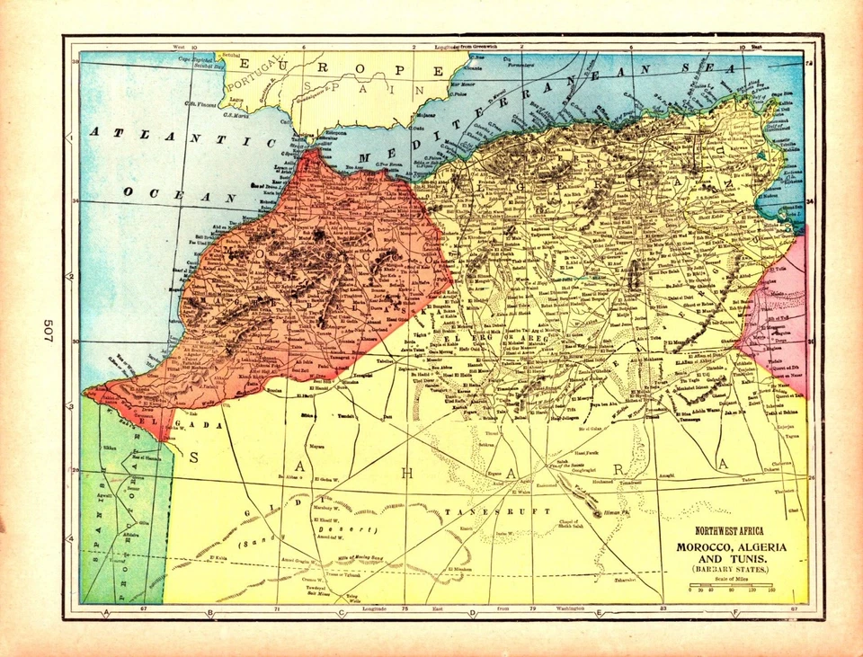 MOROCCO,  ALGERIA, TUNIS, AFRICA Antique authentic map 1907 - Image 1 of 1