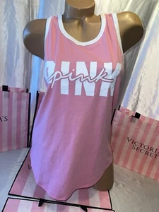 Victorias Secret PINK Sleeveless Shirt Small White Script Logo Pink - Picture 1 of 2
