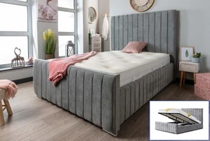 Ottoman Storage Gas Lift Panel Bed Frame Fabric Upholstered Double King Size - Picture 1 of 48