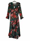 New Boohoo Size 16 Green Floral Ruffle Hem Long Sleeve Midi Oriental Wrap Dress