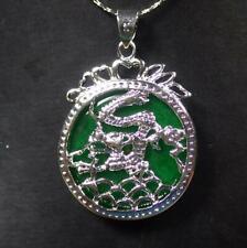 White Gold Plated Dragon Genuine Green Jade Imitation Diamond Pendant Necklace