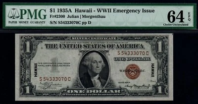 1935A $1  PMG CHOICE UNC 64 EPQ  HAWAII WWII Emergency Issue Silver Certificate! - Image 1 of 2