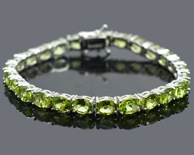 Natural Green Peridot Gemstone 925 Solid Sterling Silver Tennis Bracelet Jewelry - Image 1 of 4