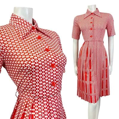 VINTAGE 60s 70s RED WHITE GEOMETRIC CHECKED MOD DAGGER COLLAR SHIRT DRESS 12 14 - Image 1 of 4