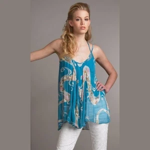 Tracy Reese Blue Beaded Embellished Peacock Silk Camisole Tunic Blouse Top - Picture 1 of 16