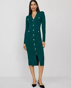 NEW $169 ANN TAYLOR Button Front V-Neck Sweater Dress Green Rainforest sz S - Picture 1 of 4