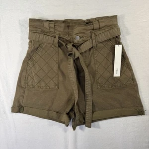 New AQUA Women’s High Waist Relax Fit Paperbag Waist Belted Shorts Green Size 26 - Picture 1 of 9