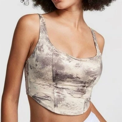 全新带标签 Victoria's Secret 粉色缎面浅衬里紧身胸衣上衣 S 码奶油色迷彩 — 第 1/4 张图片