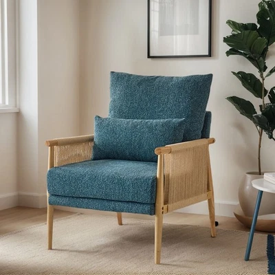 Sillón de chenilla Mid Century con almohada trasera chaise verde azulado para sala de estar Foto 1 de 4