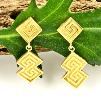 14k Yellow Gold Designer SAK Greek Key Pattern Dangle/Drop Earrings - Image 1 of 3