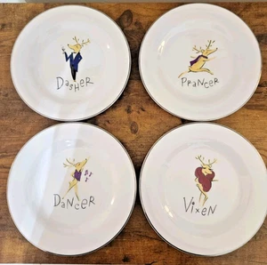 Set Of 4 Pottery Barn Holiday Reindeer Salad/Dinner plates - Picture 1 of 9