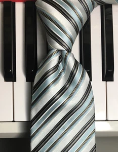 GEOFFREY BEENE / Posh Pearl, Pale Aqua, Bronze & Black Repp Stripe Silk Necktie - Picture 1 of 9