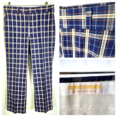Pantalones de Vestir De Colección Brooks Brothers Golf Ligeros Algodón Azul Cuadros 35 x 31 Foto 1 de 4