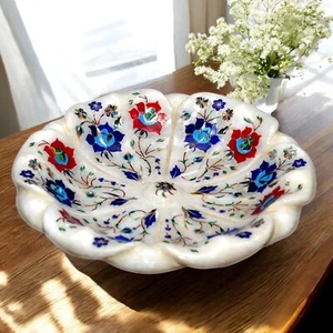 12" White Marble Serving Plate Multi Stones Floral Inlay Art Modern Kitchen Deco - Picture 1 of 7