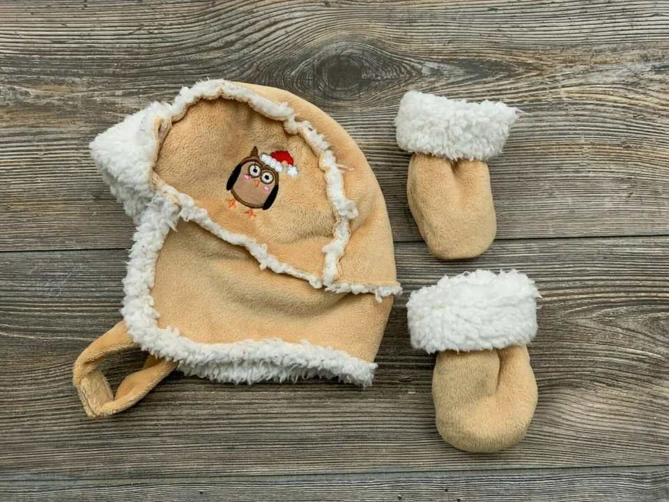 Grasslands Road Fleece Hat And Mittens Boy's 3-6 Months Beige/White Owl Design  - Image 1 of 4