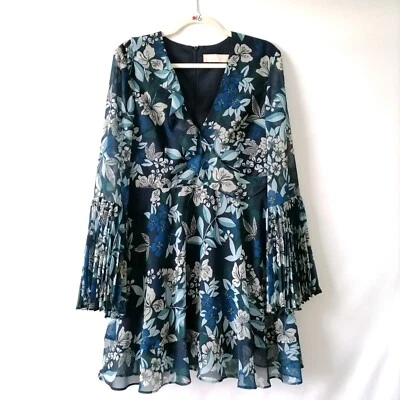 Keepsake Womens Blue Bell Sleeve Surplice Neck Floral Fit & Flare Dress Size L - Image 1 of 4
