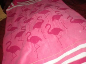 TROPICAL PLUSH PINK ON PINK PINK FLAMINGO, STRIPED  BORDER BEACH TOWEL 36"X 68" - Picture 1 of 1