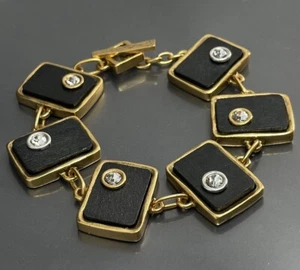Rook + Crow By Patricia Locke Gold Plated Faced Crystal Black Wood Bracelet 8” - Picture 1 of 12
