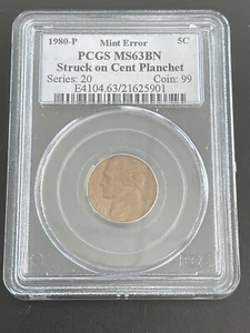 1980-P JEFFERSON 5 CENT STRUCK ON CENT PLANCHET MINT ERROR PCGS MS-63 (B17) - Picture 1 of 4
