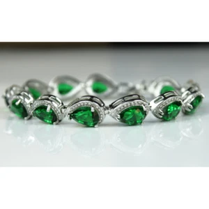 White Gold Finish Created Diamond & Green Emerald Pear Cut Bracelet  - Picture 1 of 2