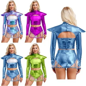 Women's Long Sleeve Crop Top with Skirt Set Halloween Alien Cosplay Role Play - Picture 1 of 41