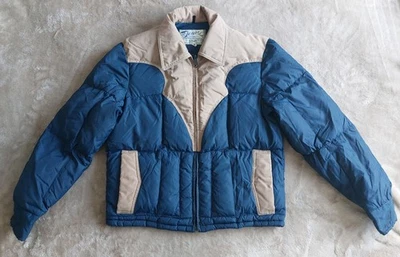 Vtg 70s Schott NYC Men's Blue Tan Quilted Goose Down Cropped Puffer Jacket | M - Image 1 of 4
