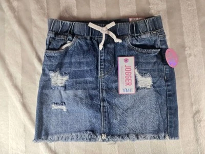 YMI GIRL Girls Distressed Denim Skirt Size M Stone Wash Blue Stretch Raw Hem NWT - Image 1 of 4
