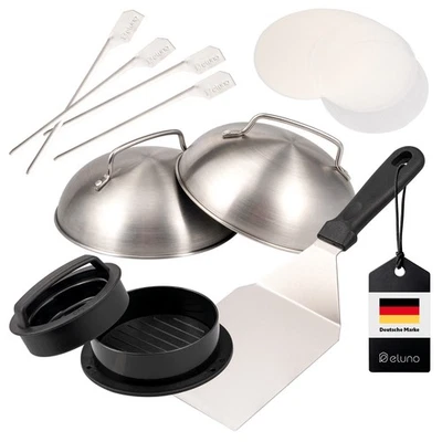 eluno Burger-Set, Burgerpresse Grillwender Burgerhaube Grillspieße, Edelstahl